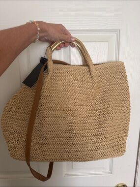 ASOS Woven Straw Tote with Gold Handles and Tan Strap